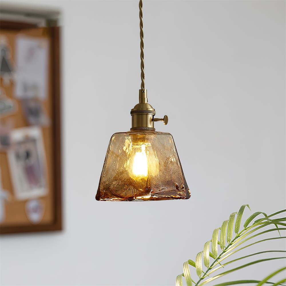 Bursztynowa lampa wisząca ze szkła | Vintage designerska lampa sufitowa z mosiądzu E27 do salonu i jadalni