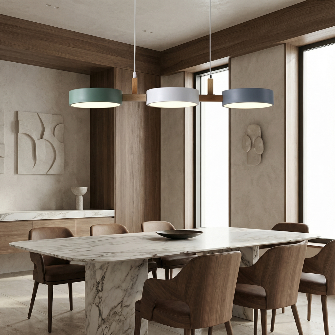 Wielopunktowa lampa wisząca LED | Designerska lampa sufitowa z drewna i metalu do kuchni oraz jadalni