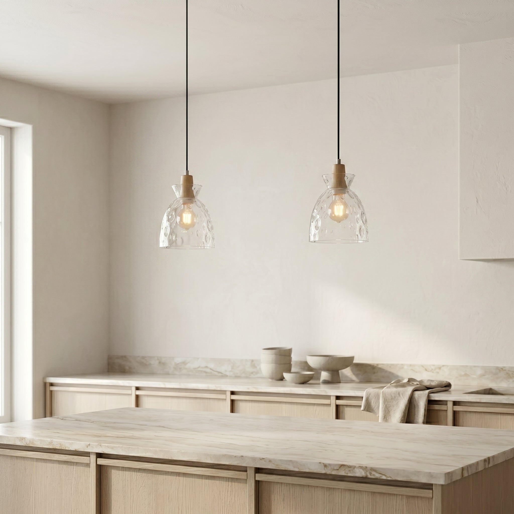 Szklana lampa wisząca Lumen Vale | Designerska lampa sufitowa z ręcznie dmuchanego szkła i drewna do kuchni oraz jadalni