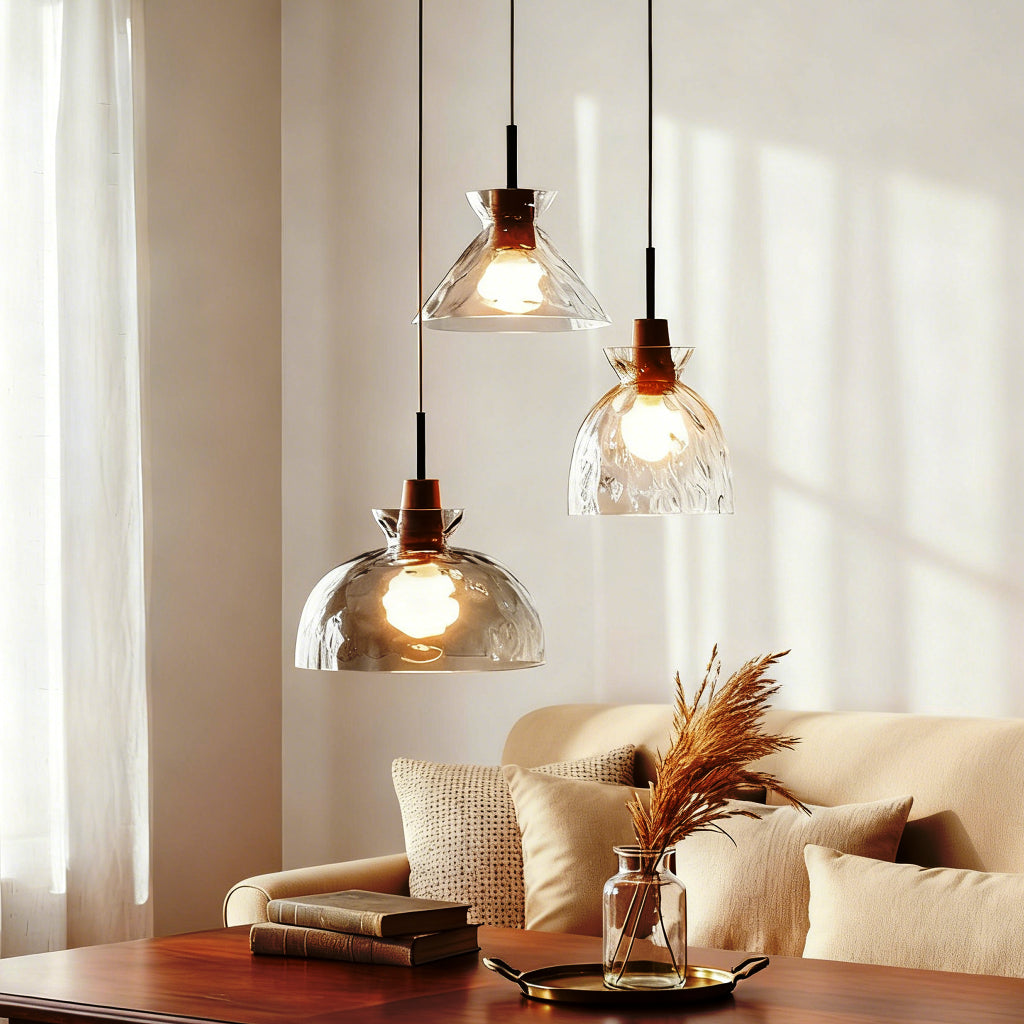 Szklana lampa wisząca Lumen Vale | Designerska lampa sufitowa z ręcznie dmuchanego szkła i drewna do kuchni oraz jadalni