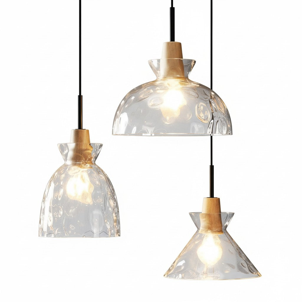 Szklana lampa wisząca Lumen Vale | Designerska lampa sufitowa z ręcznie dmuchanego szkła i drewna do kuchni oraz jadalni