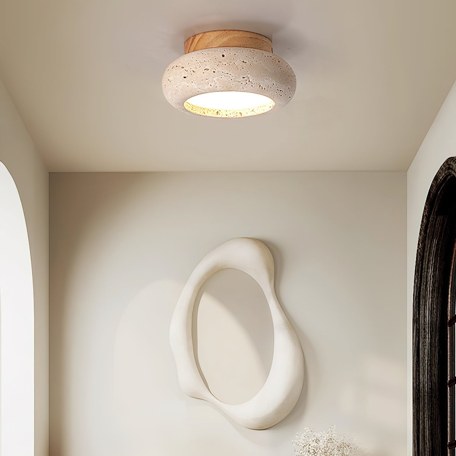 Mini lampa sufitowa LED Astra z trawertynu i drewna | Designerskie oświetlenie do korytarza, sypialni i garderoby
