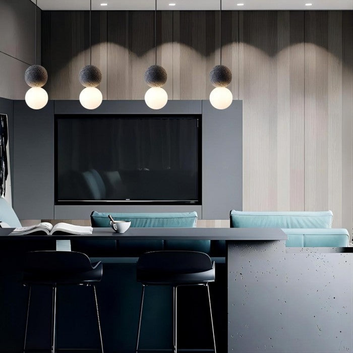 Lampa wisząca Origo z cementu | Designerska lampa sufitowa z kamienia i szkła do salonu i jadalni