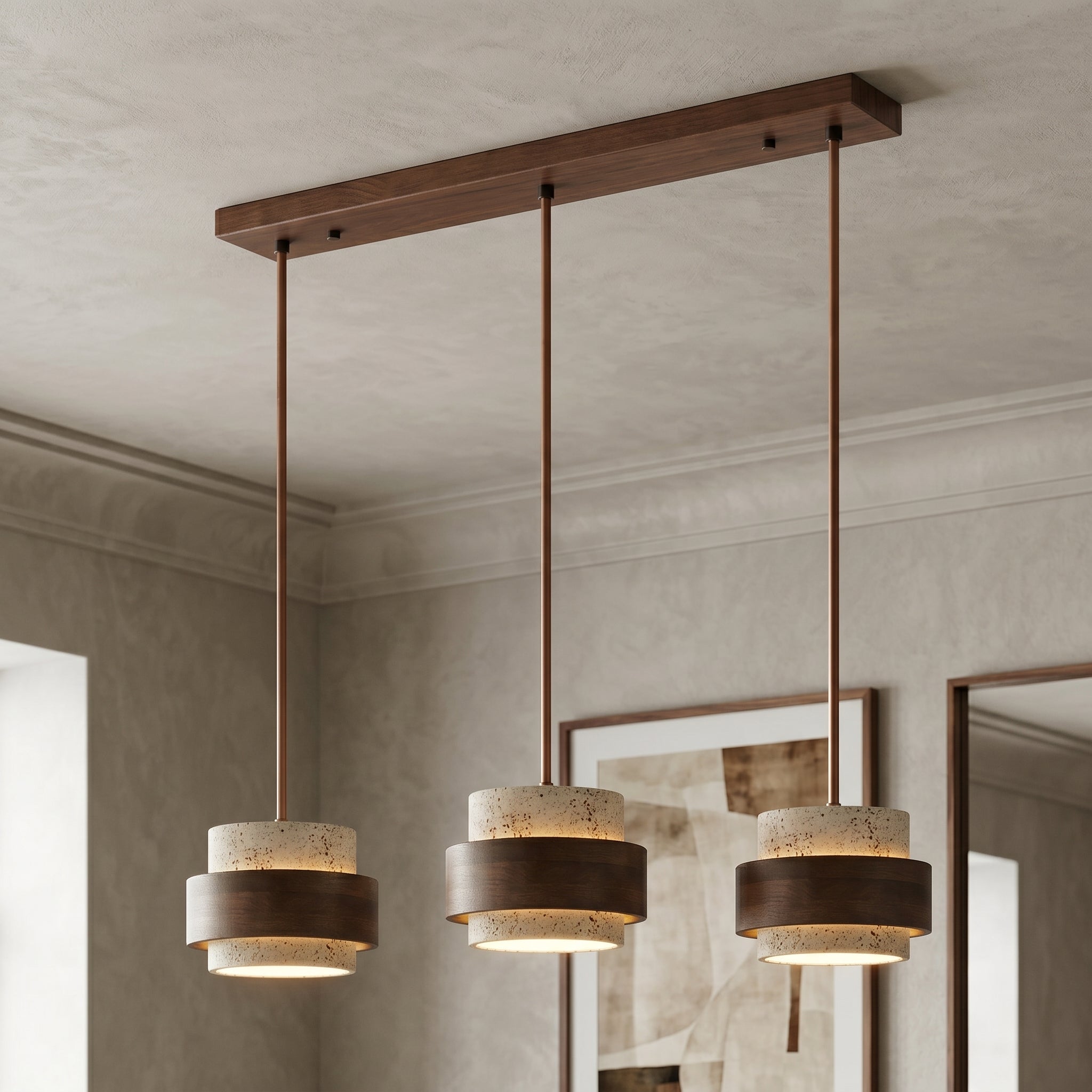 Lampa wisząca Cole z trawertynu | Designerska lampa sufitowa z naturalnego kamienia i drewna do salonu oraz jadalni