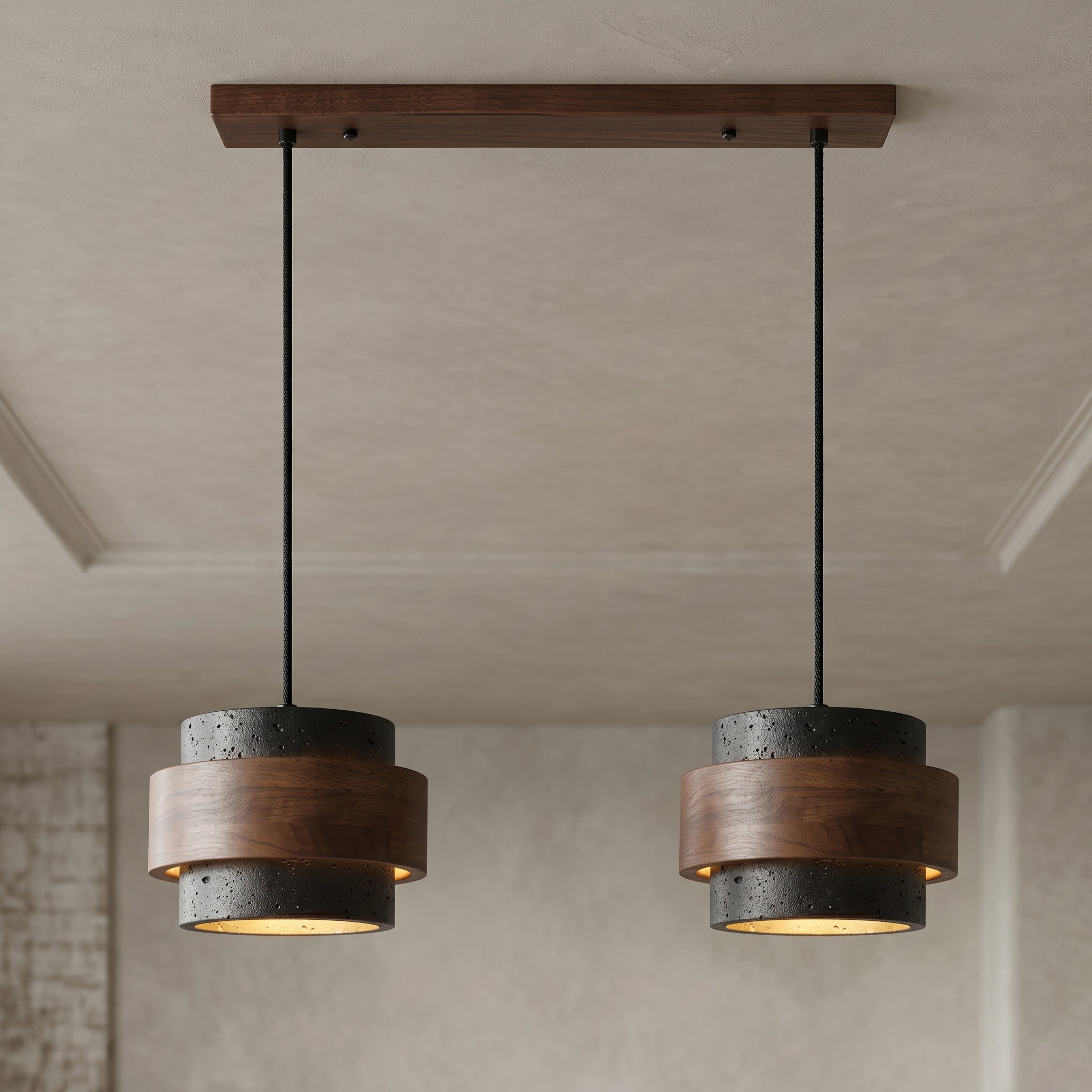 Lampa wisząca Cole z trawertynu | Designerska lampa sufitowa z naturalnego kamienia i drewna do salonu oraz jadalni
