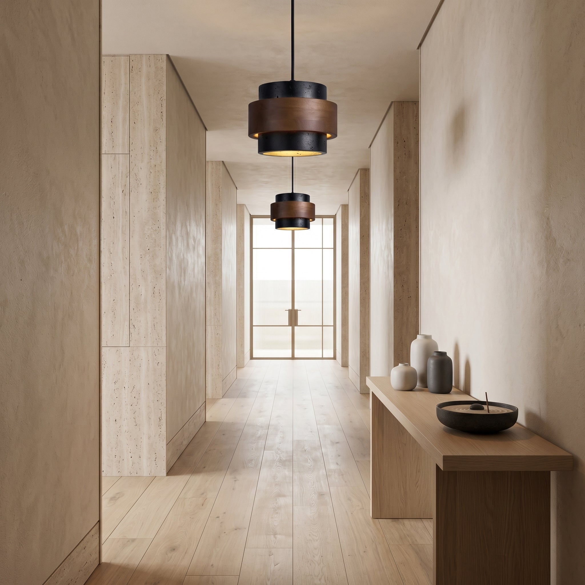Lampa wisząca Cole z trawertynu | Designerska lampa sufitowa z naturalnego kamienia i drewna do salonu oraz jadalni