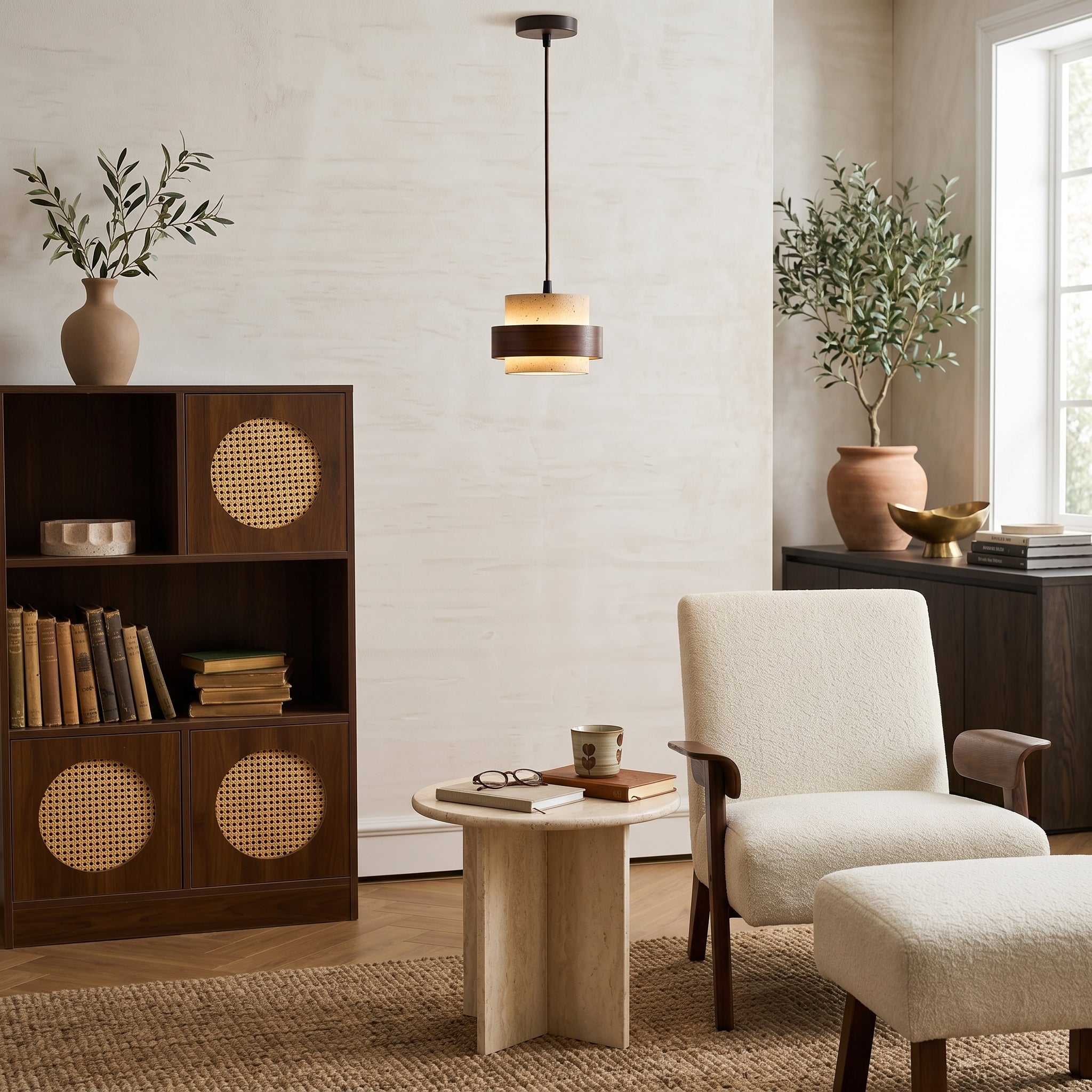 Lampa wisząca Cole z trawertynu | Designerska lampa sufitowa z naturalnego kamienia i drewna do salonu oraz jadalni