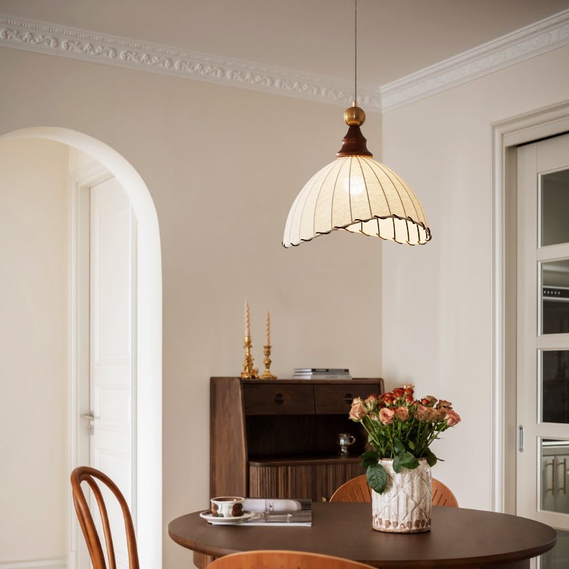 Lampa wisząca Eldora | Designerska lampa sufitowa z drewna i tkaniny do salonu i jadalni