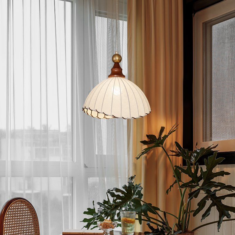 Lampa wisząca Eldora | Designerska lampa sufitowa z drewna i tkaniny do salonu i jadalni