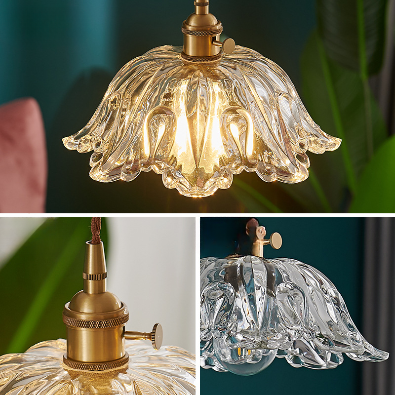 Szklana lampa wisząca kwiat | Designerska lampa sufitowa z miedzi i szkła do salonu, jadalni i sypialni