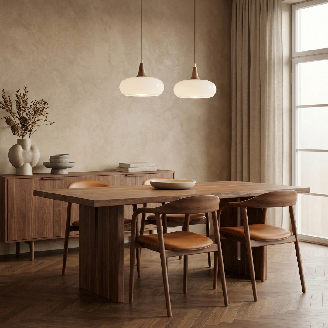 Lampa wisząca Hailie | Designerska lampa sufitowa ze szkła i drewna do salonu, kuchni oraz jadalni