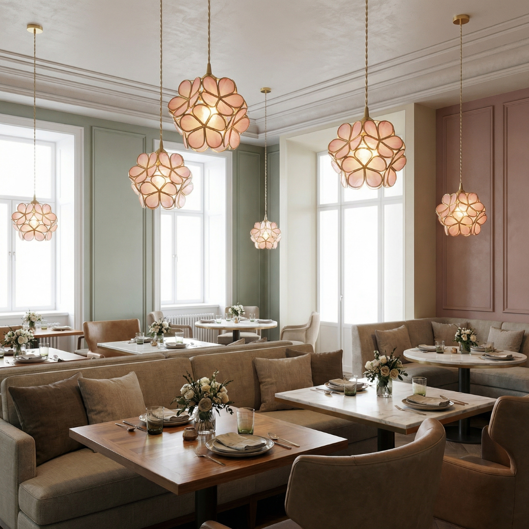 Lumen Collection | Szklana lampa wisząca z kloszem w kształcie płatków | Eleganckie oświetlenie do kuchni, jadalni i przedpokoju