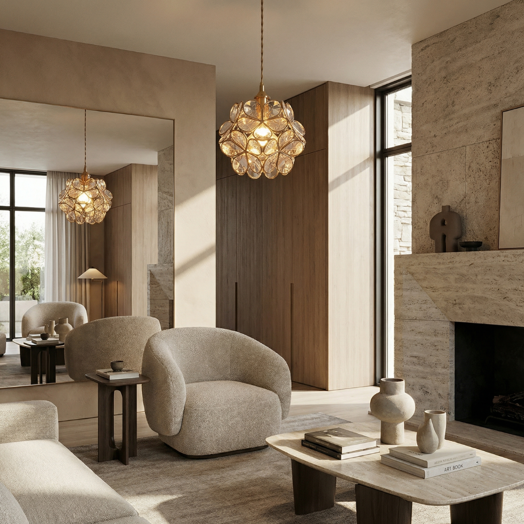 Lumen Collection | Szklana lampa wisząca z kloszem w kształcie płatków | Eleganckie oświetlenie do kuchni, jadalni i przedpokoju