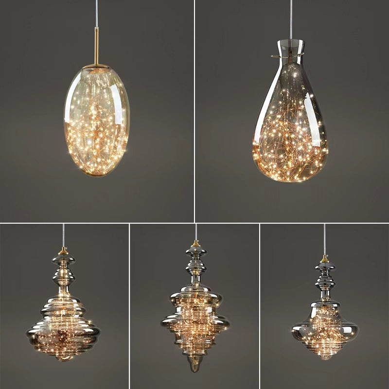 Nowoczesna Szklana Lampa Wisząca w Odcieniu Szarości z Mosiężnym Wykończeniem – LED, Regulowana Wysokość