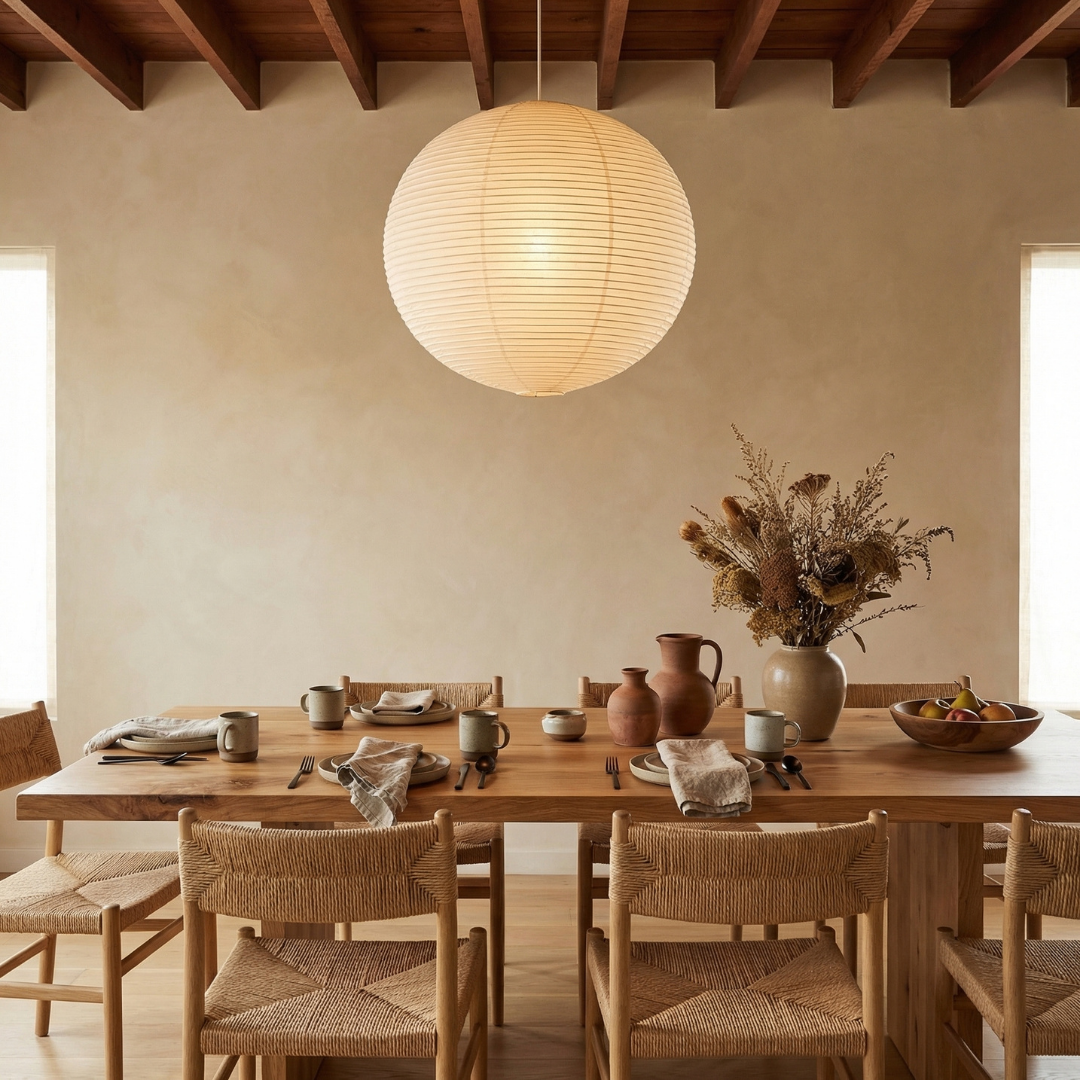 Lumen Collection | Papierowa lampa wisząca w stylu japandi | Ciepłe oświetlenie do salonu, sypialni i jadalni