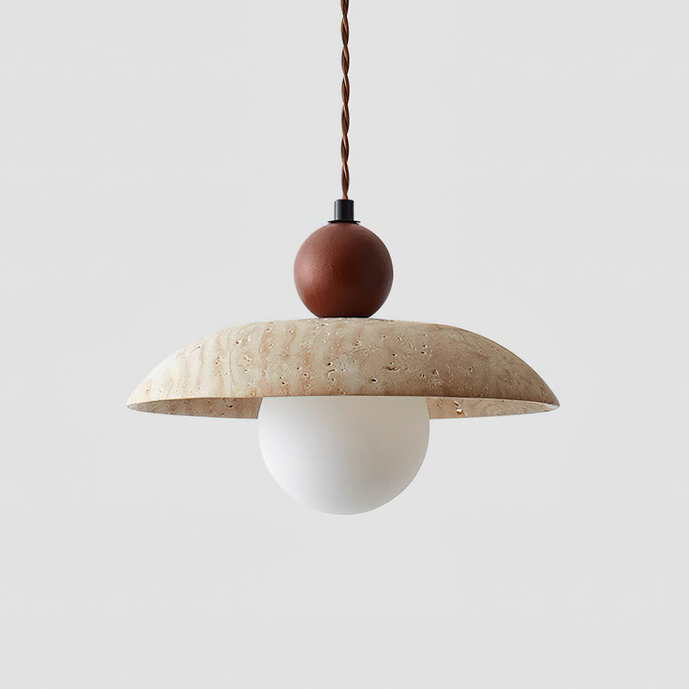 Lampa Wisząca z Trawertynu z Drewnianą Kulą