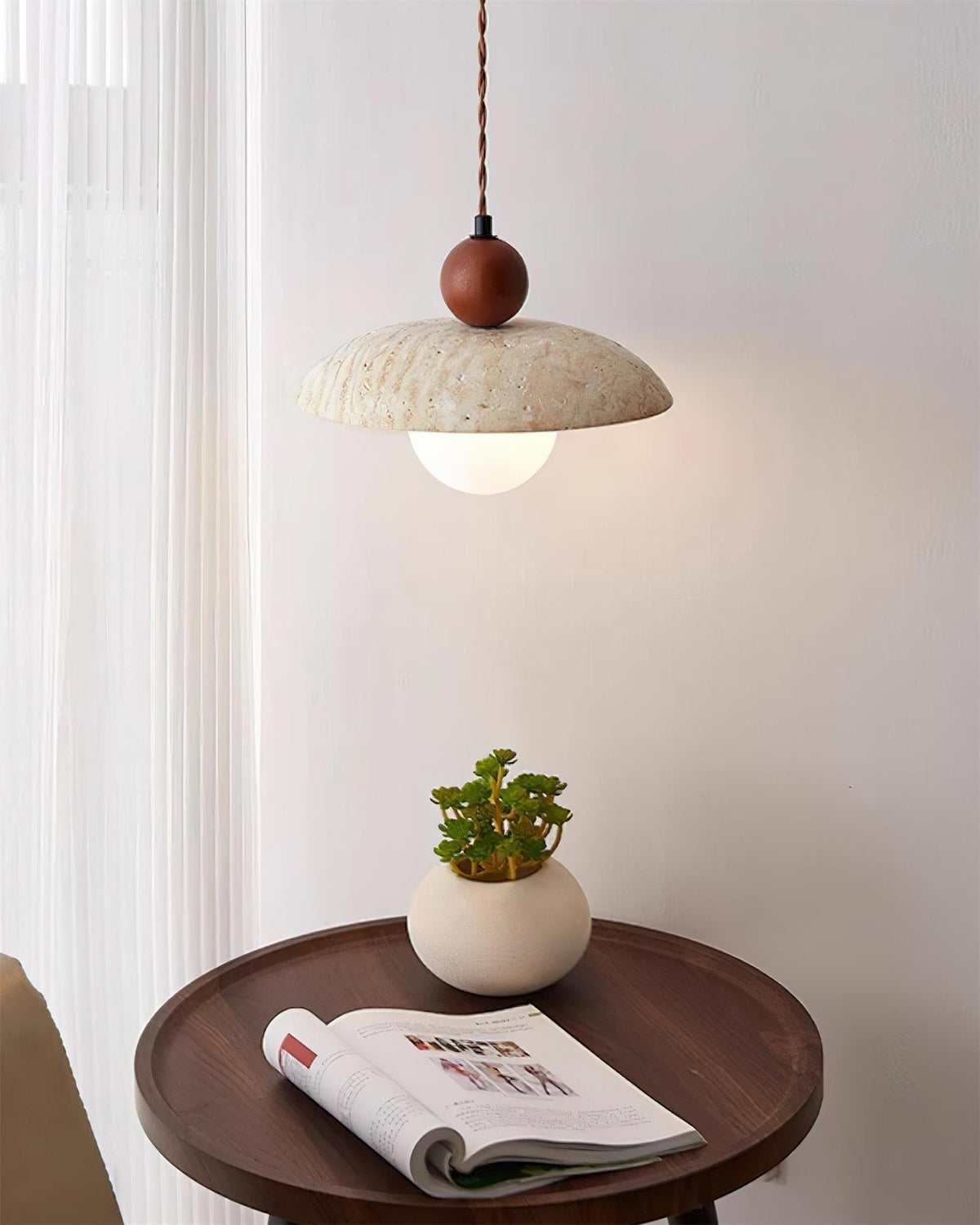 Lampa Wisząca z Trawertynu z Drewnianą Kulą