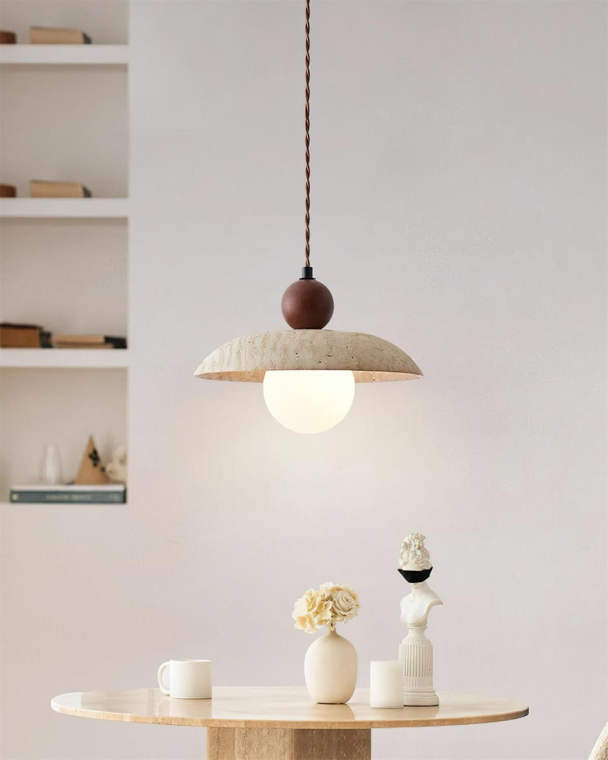 Lampa Wisząca z Trawertynu z Drewnianą Kulą