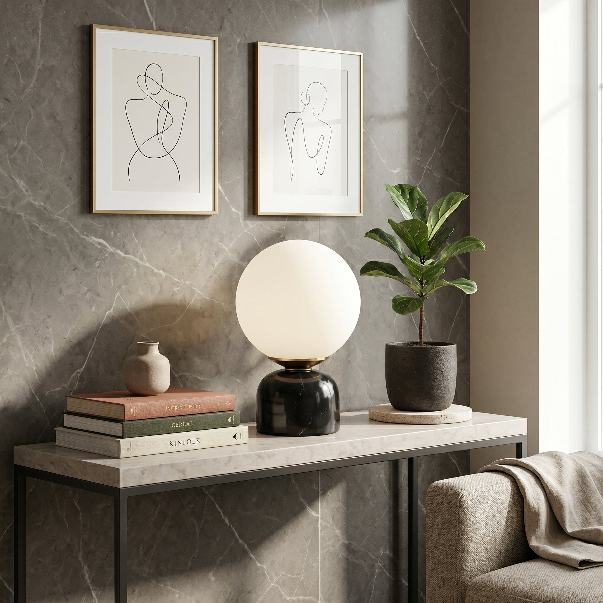 Elegant | Lampa Stołowa z Matowego Szkła i Marmuru – Designerska Lampka do Salonu i Sypialni