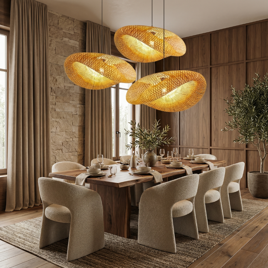 Lumen Collection | Ręcznie pleciona bambusowa lampa wisząca | Naturalne ciepłe oświetlenie do kuchni i salonu