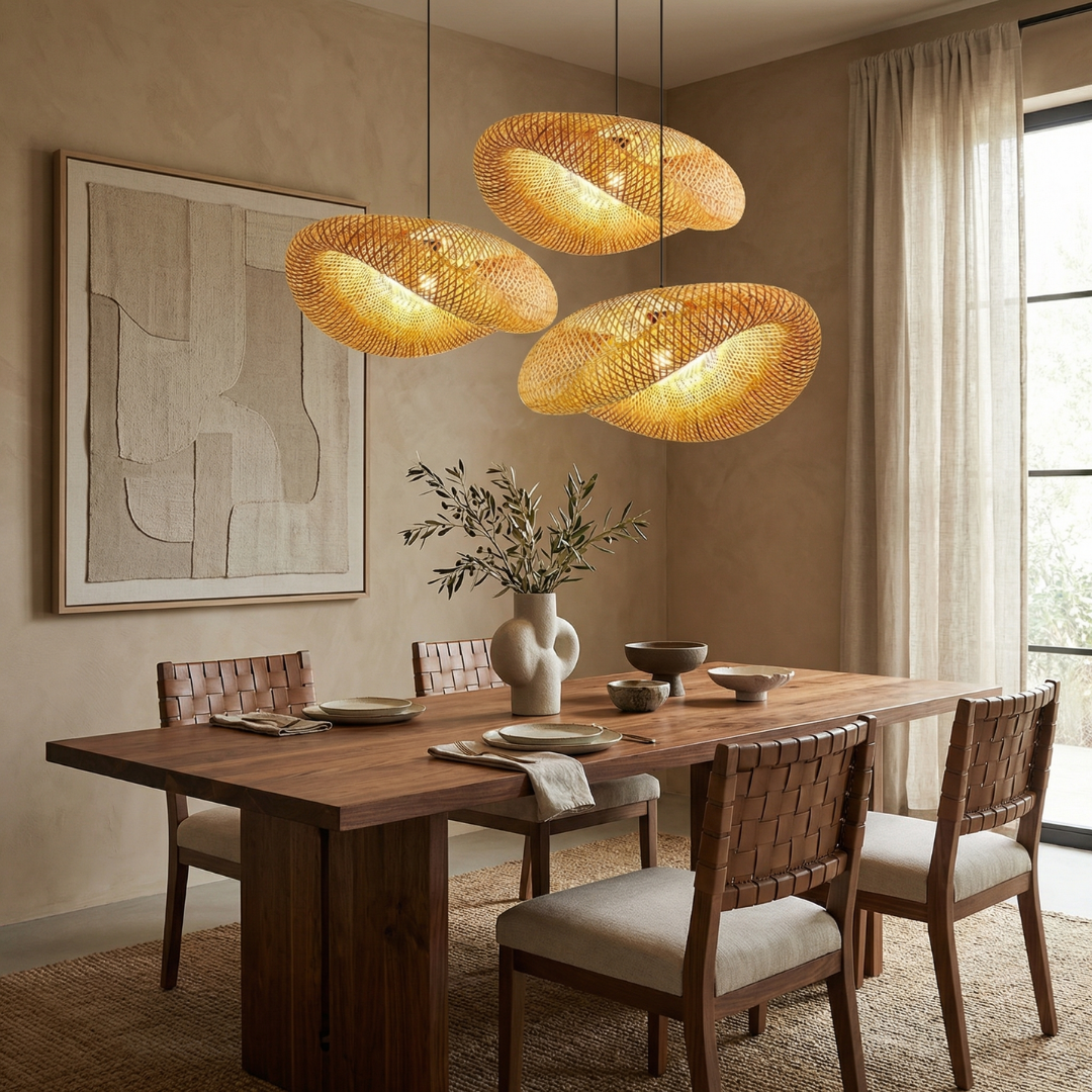 Lumen Collection | Ręcznie pleciona bambusowa lampa wisząca | Naturalne ciepłe oświetlenie do kuchni i salonu