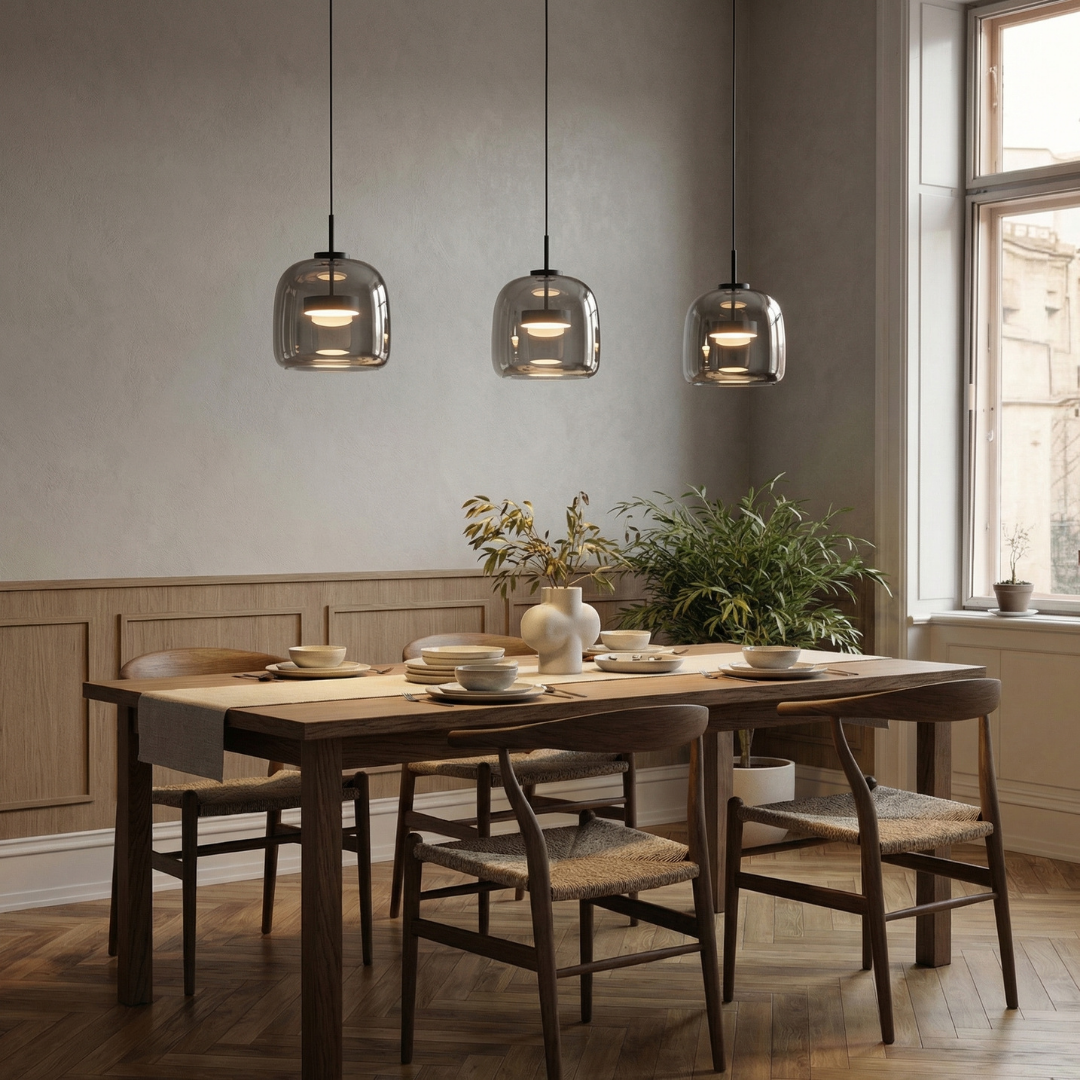 Lumen Collection | Lampa wisząca z przydymionego szkła z eleganckim kloszem kopułowym do nowoczesnej kuchni i jadalni