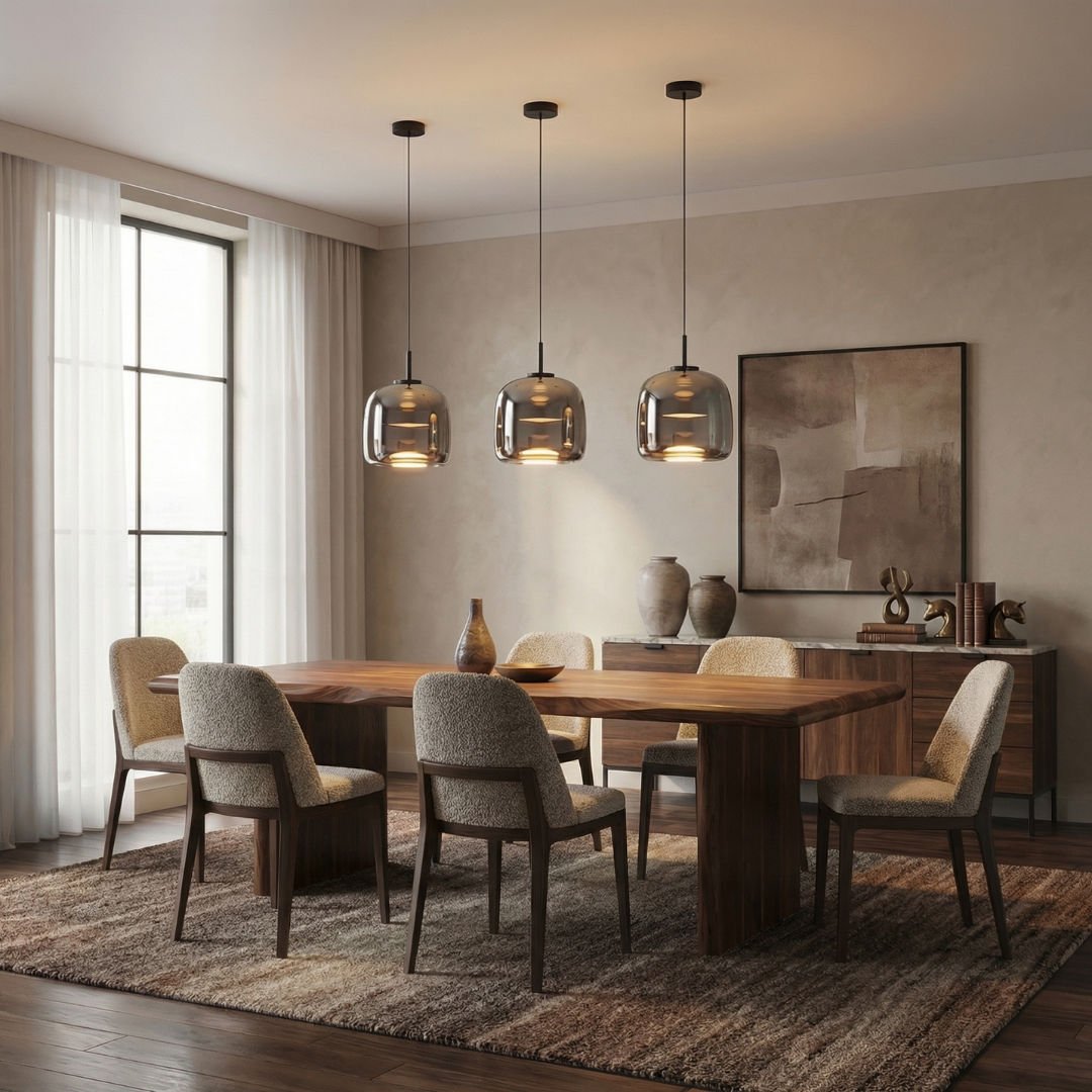 Lumen Collection | Lampa wisząca z przydymionego szkła z eleganckim kloszem kopułowym do nowoczesnej kuchni i jadalni
