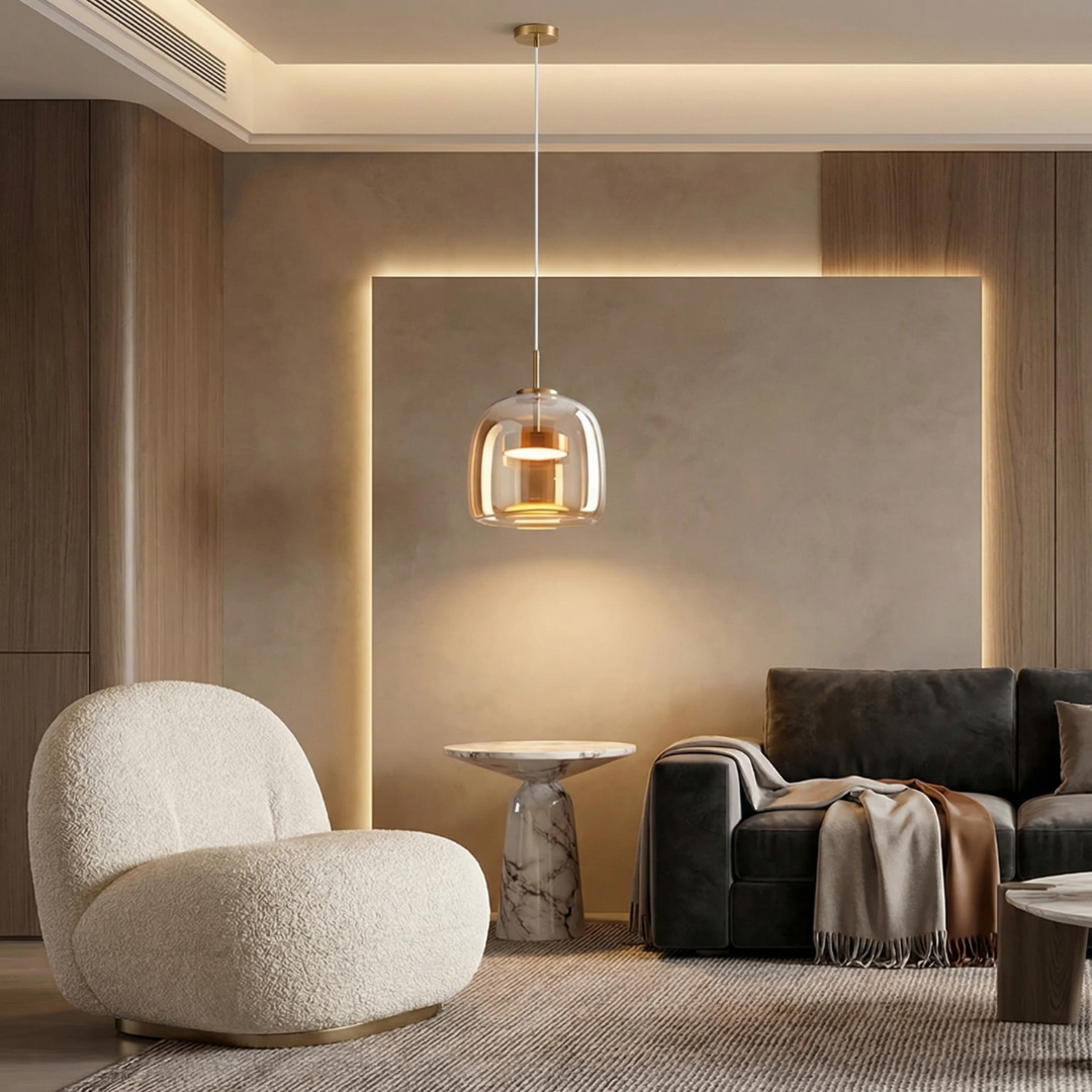 Lumen Collection | Lampa wisząca z przydymionego szkła z eleganckim kloszem kopułowym do nowoczesnej kuchni i jadalni