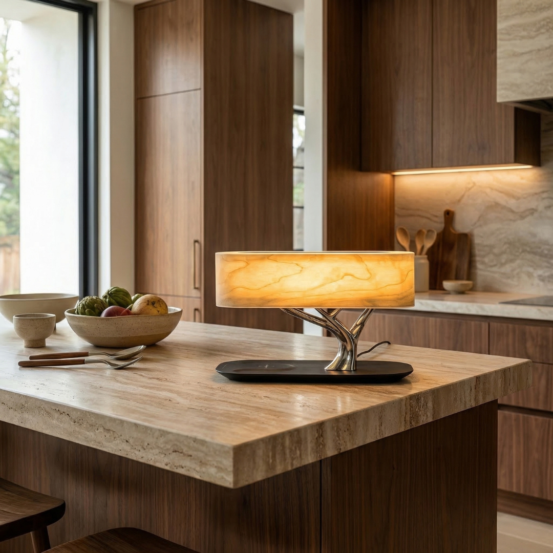 Lumen Collection | Przytulna, inteligentna lampa stołowa do nowoczesnych wnętrz z głośnikiem Bluetooth i ładowaniem bezprzewodowym