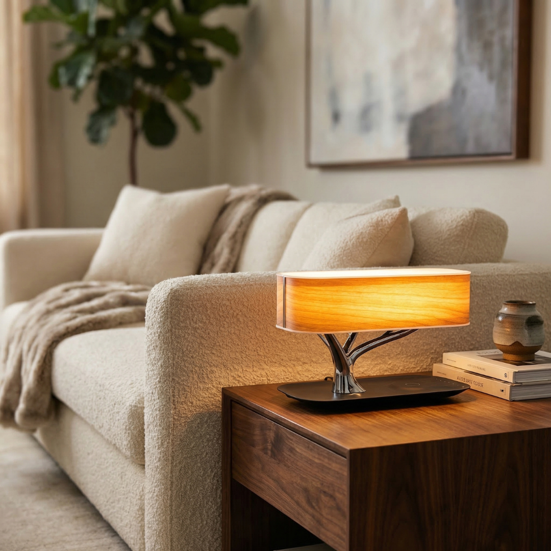 Lumen Collection | Przytulna, inteligentna lampa stołowa do nowoczesnych wnętrz z głośnikiem Bluetooth i ładowaniem bezprzewodowym
