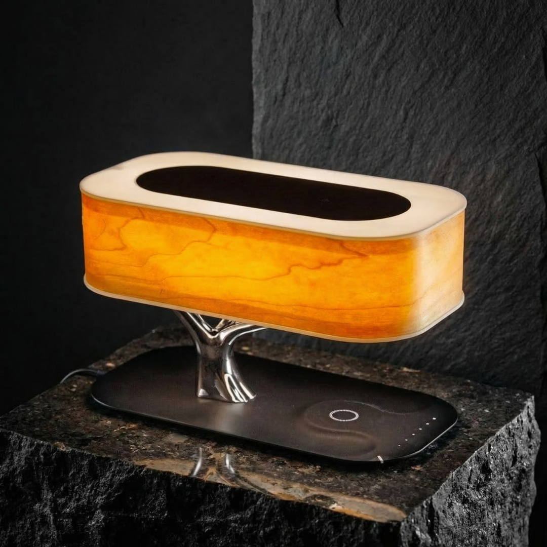 Lumen Collection | Przytulna, inteligentna lampa stołowa do nowoczesnych wnętrz z głośnikiem Bluetooth i ładowaniem bezprzewodowym