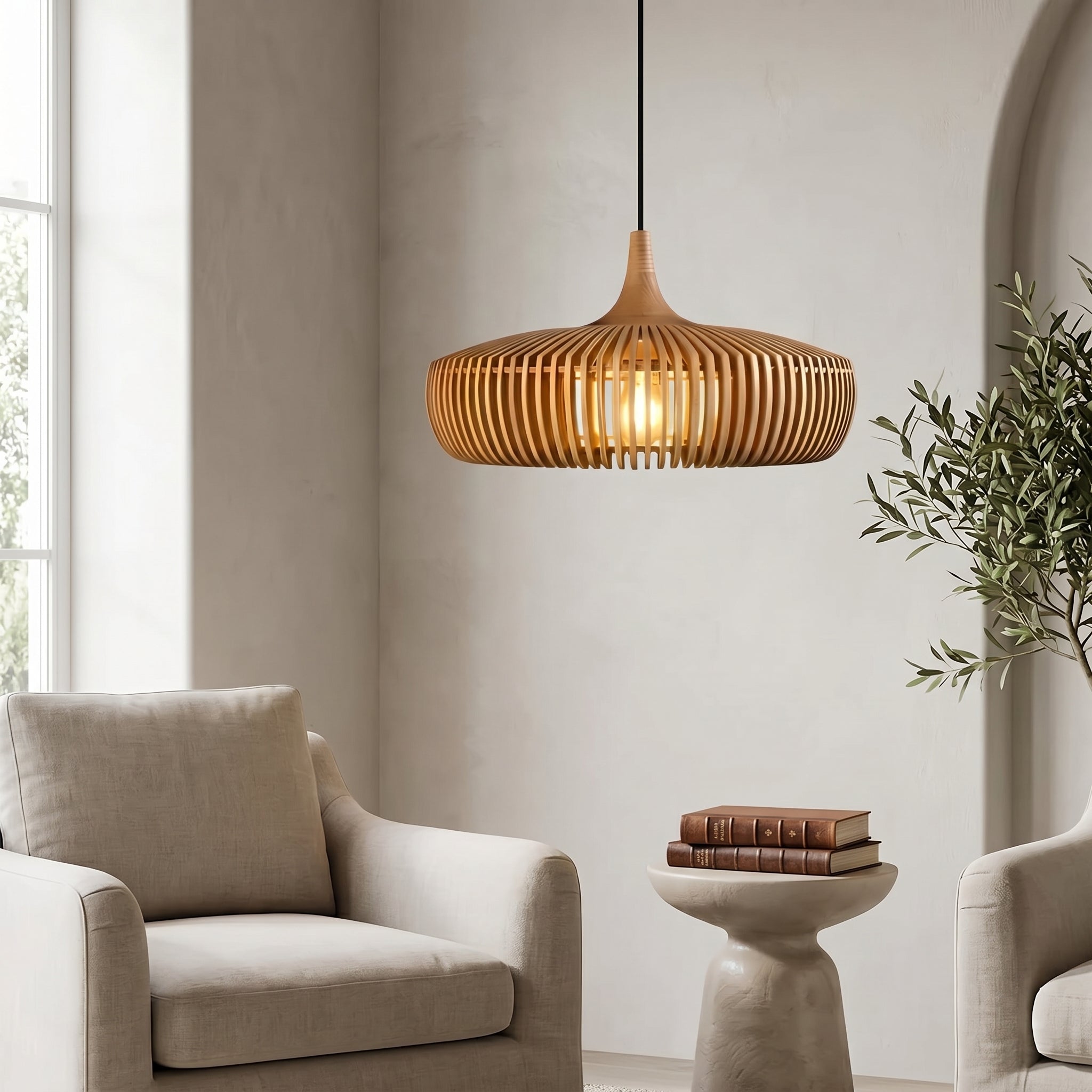 Lumen Hinori | Drewniana lampa wisząca Japandi – minimalistyczny design, ciepłe światło, lite drewno