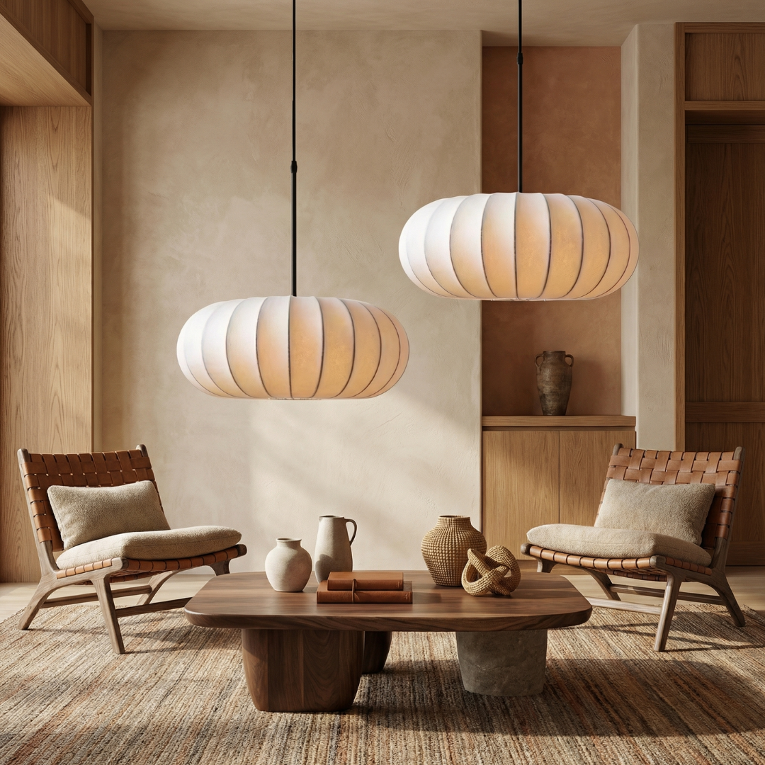 Lampa wisząca Lumen Verona z jedwabiu | Designerska lampa Wabi-Sabi LED do salonu, jadalni i sypialni