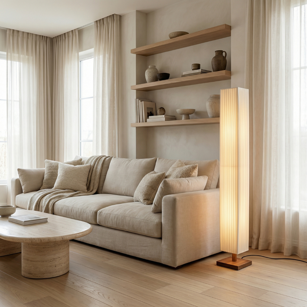 Lumen | Japanese Floor Lamp with Soft Fabric Shade and Walnut Wood Frame