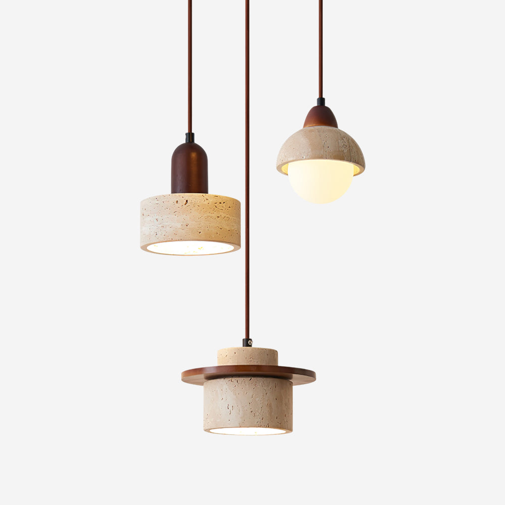 Kolekcja Lunara | Lampa wisząca z trawertynu i drewna | Designerskie oświetlenie do salonu, jadalni i kuchni
