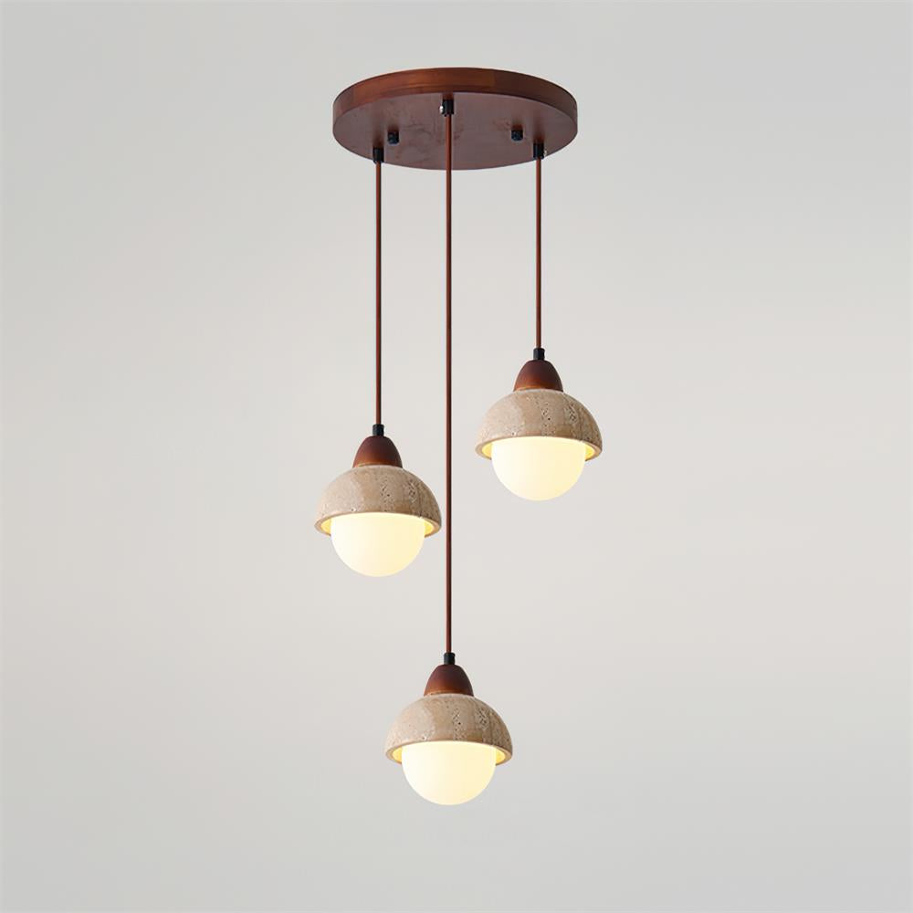 Kolekcja Lunara | Lampa wisząca z trawertynu i drewna | Designerskie oświetlenie do salonu, jadalni i kuchni