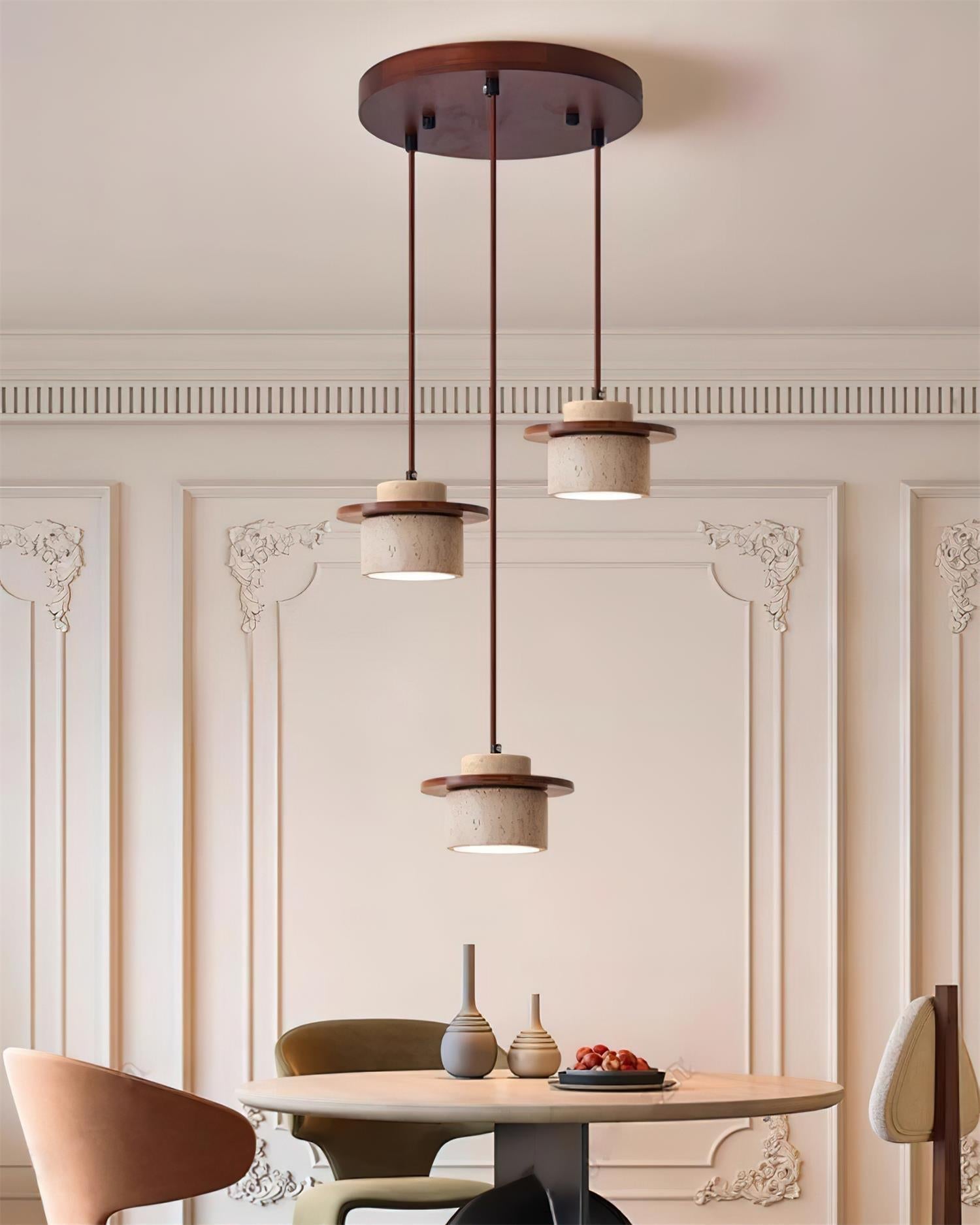 Kolekcja Lunara | Lampa wisząca z trawertynu i drewna | Designerskie oświetlenie do salonu, jadalni i kuchni