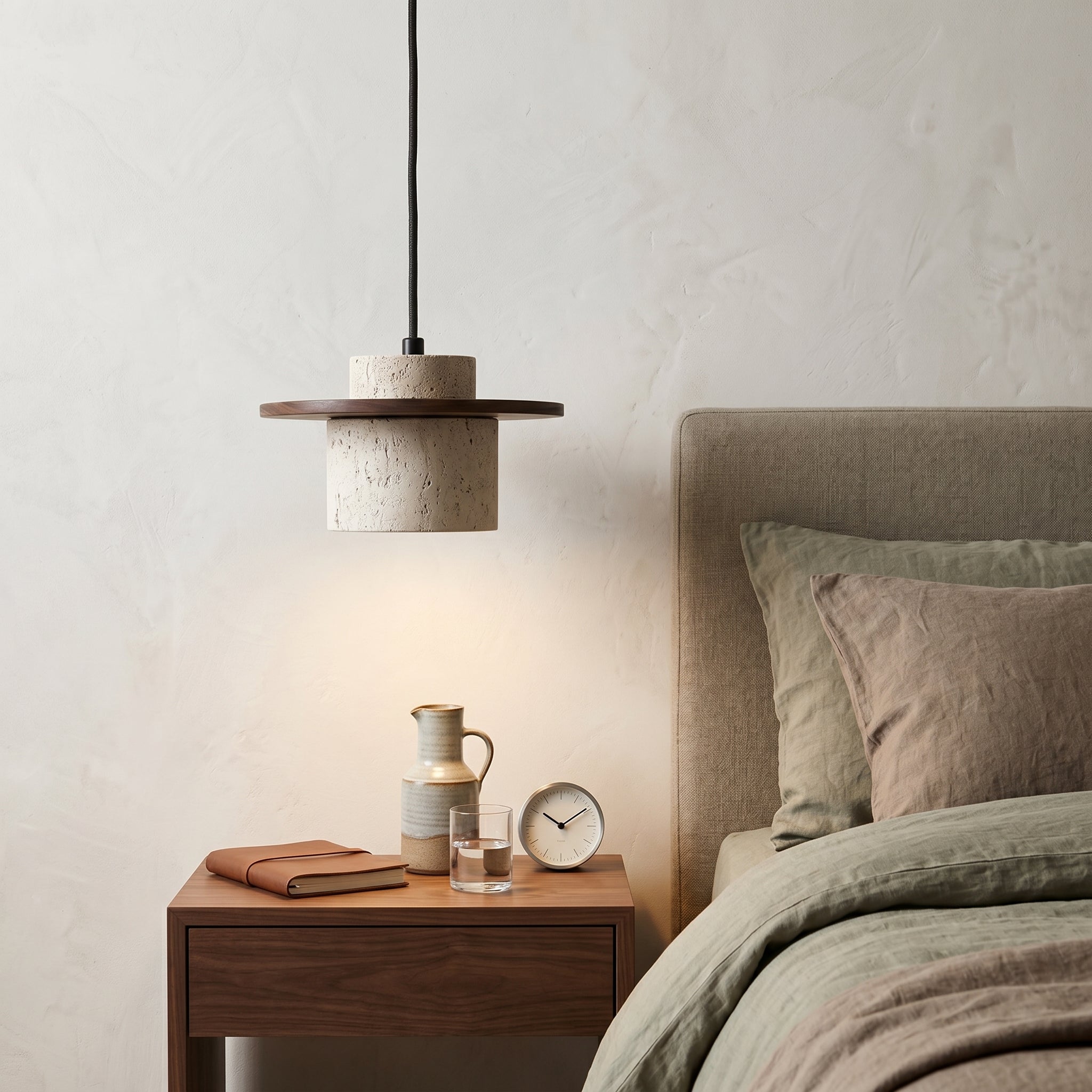 Lampa wisząca z naturalnego kamienia i orzechowym akcentem | Wyjątkowe oświetlenie nad wyspę kuchenną zapewniające ciepłą atmosferę