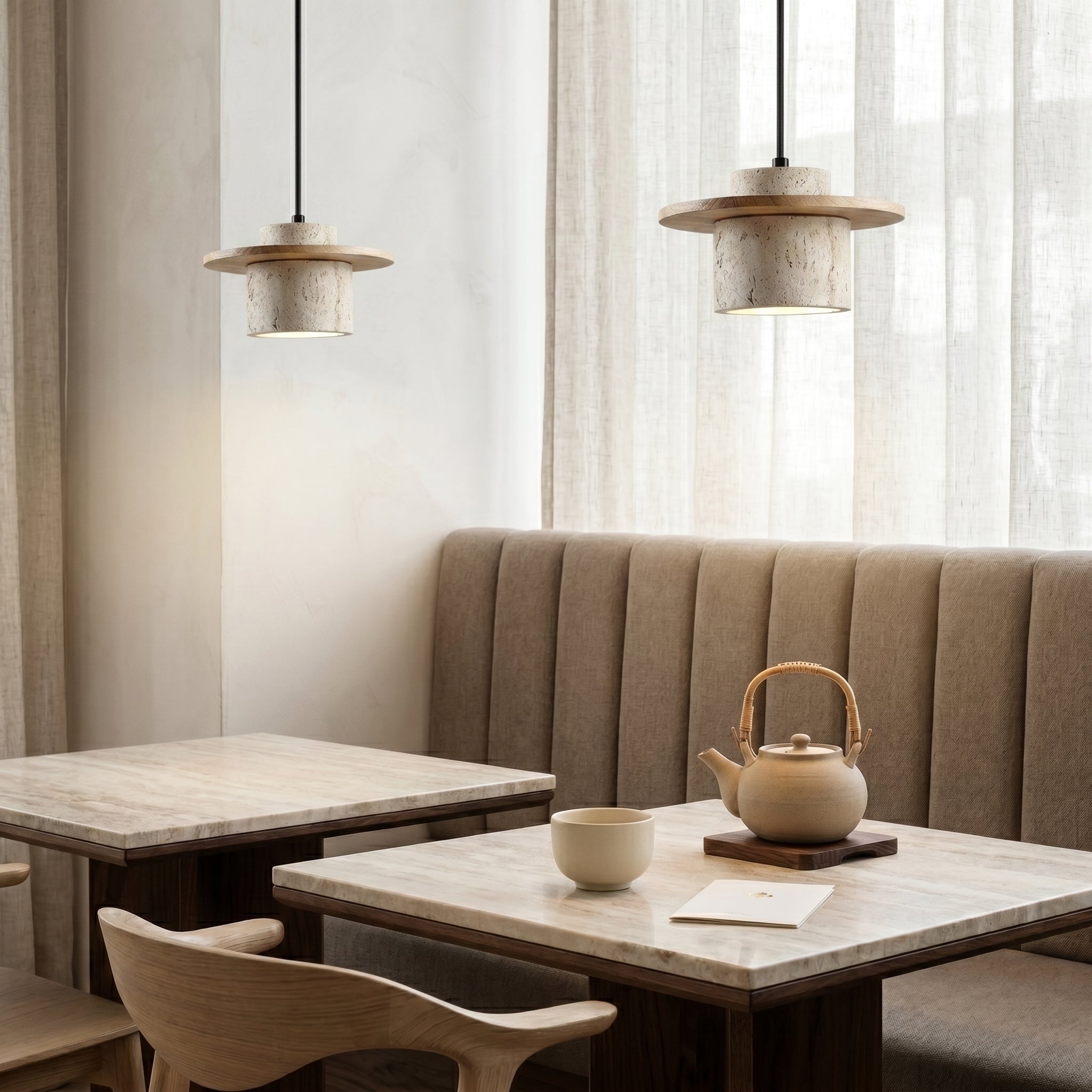 Lampa wisząca z naturalnego kamienia i orzechowym akcentem | Wyjątkowe oświetlenie nad wyspę kuchenną zapewniające ciepłą atmosferę