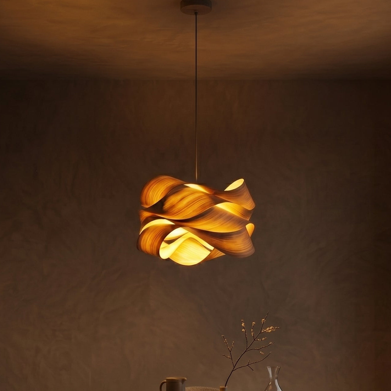 Lampa wisząca z kopułowym kloszem z naturalnego drewna i delikatnym światłem | Eleganckie oświetlenie do kuchni zapewniające ciepłą atmosferę