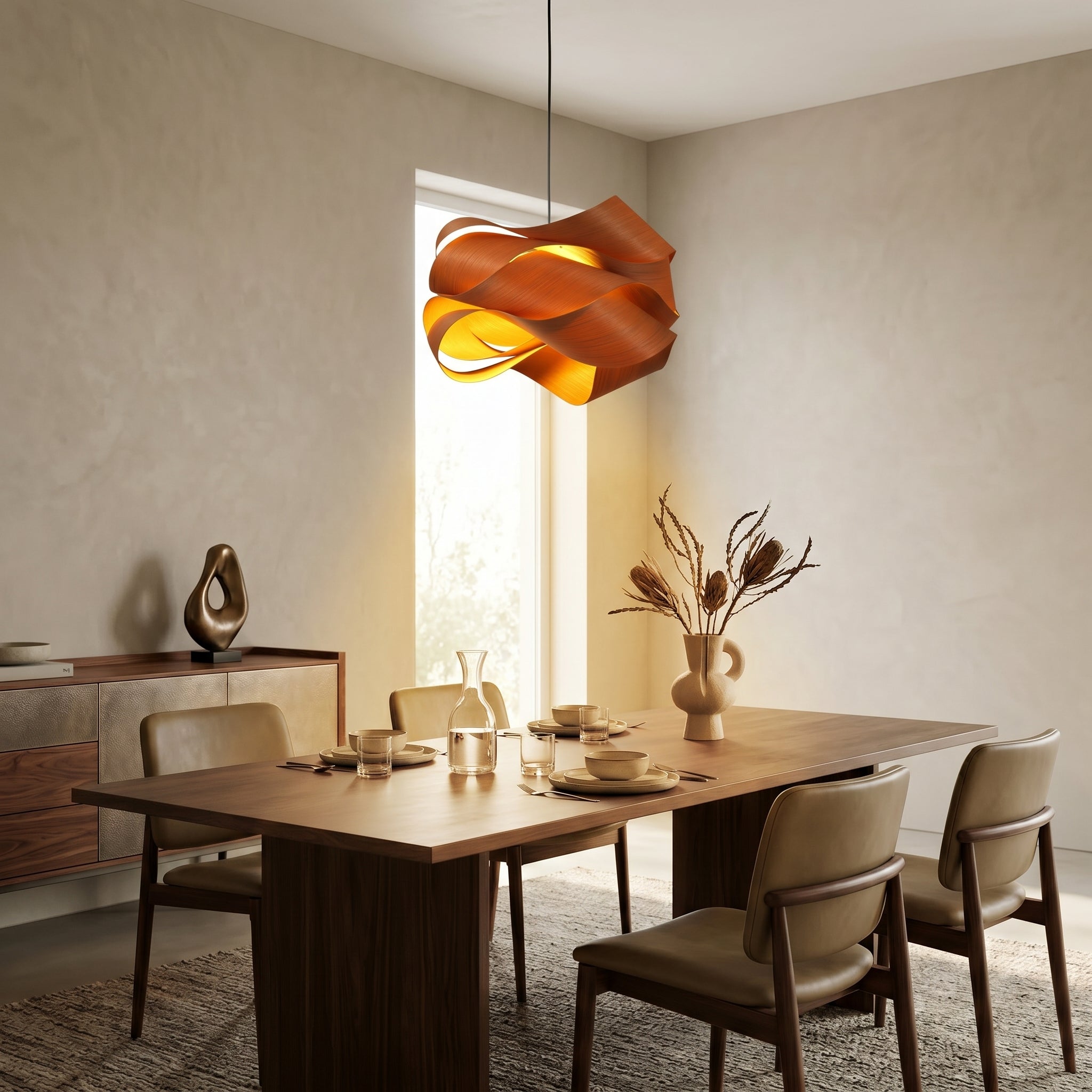Lampa wisząca z kopułowym kloszem z naturalnego drewna i delikatnym światłem | Eleganckie oświetlenie do kuchni zapewniające ciepłą atmosferę