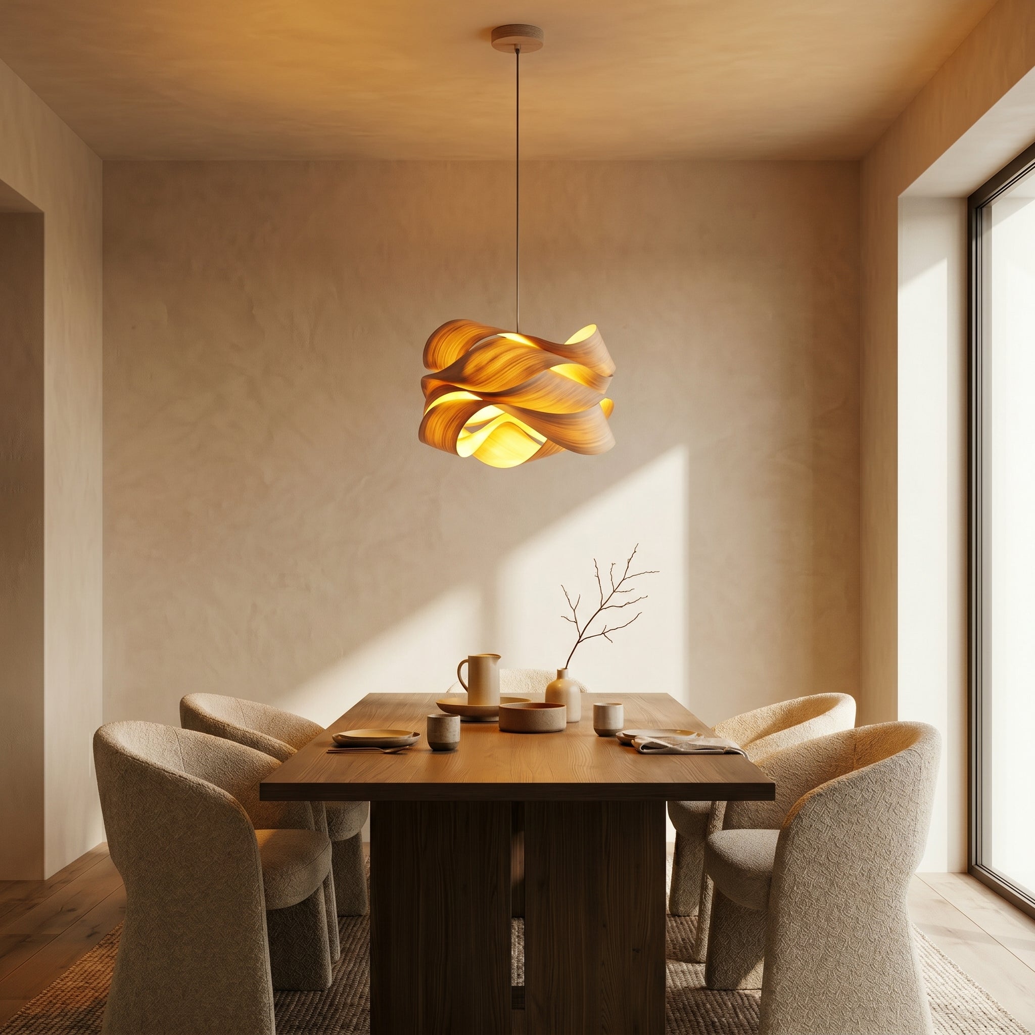 Lampa wisząca z kopułowym kloszem z naturalnego drewna i delikatnym światłem | Eleganckie oświetlenie do kuchni zapewniające ciepłą atmosferę