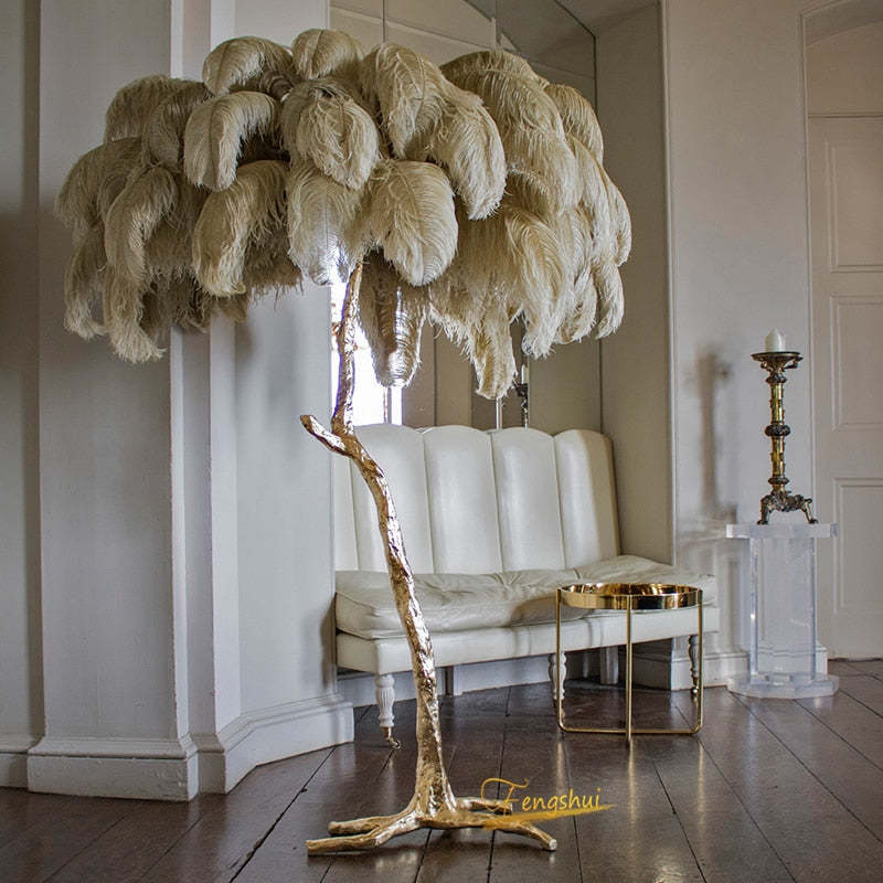 Nordic Luxury | Luksusowa Lampa z Piórami Strusia – Designerska Lampa Podłogowa do Salonu i Sypialni