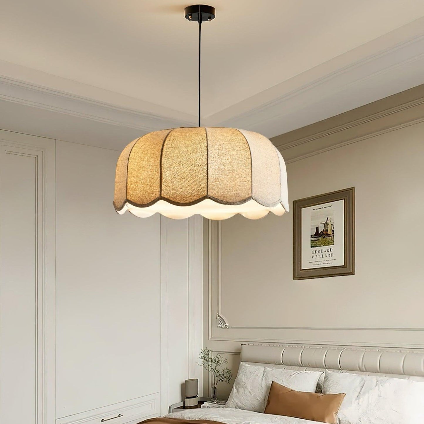 Sora | Lampa wisząca z naturalnej tkaniny i regulowaną wysokością | Eleganckie oświetlenie do kuchni dla spokojnych wnętrz