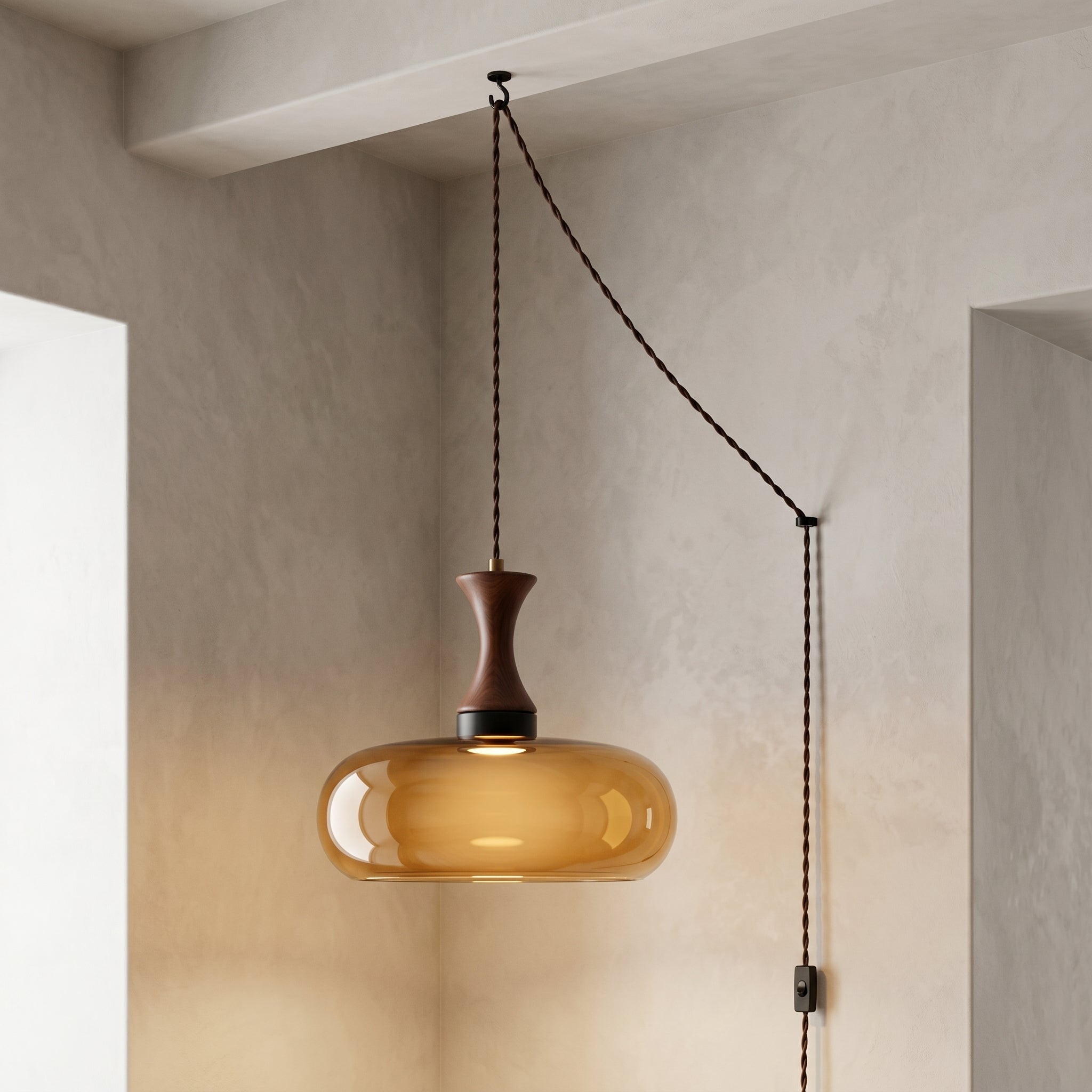 Vintage Elegance | Szklana lampa wisząca z antycznym brązowym kloszem | Regulowana wysokość dla przytulnej atmosfery w kuchni