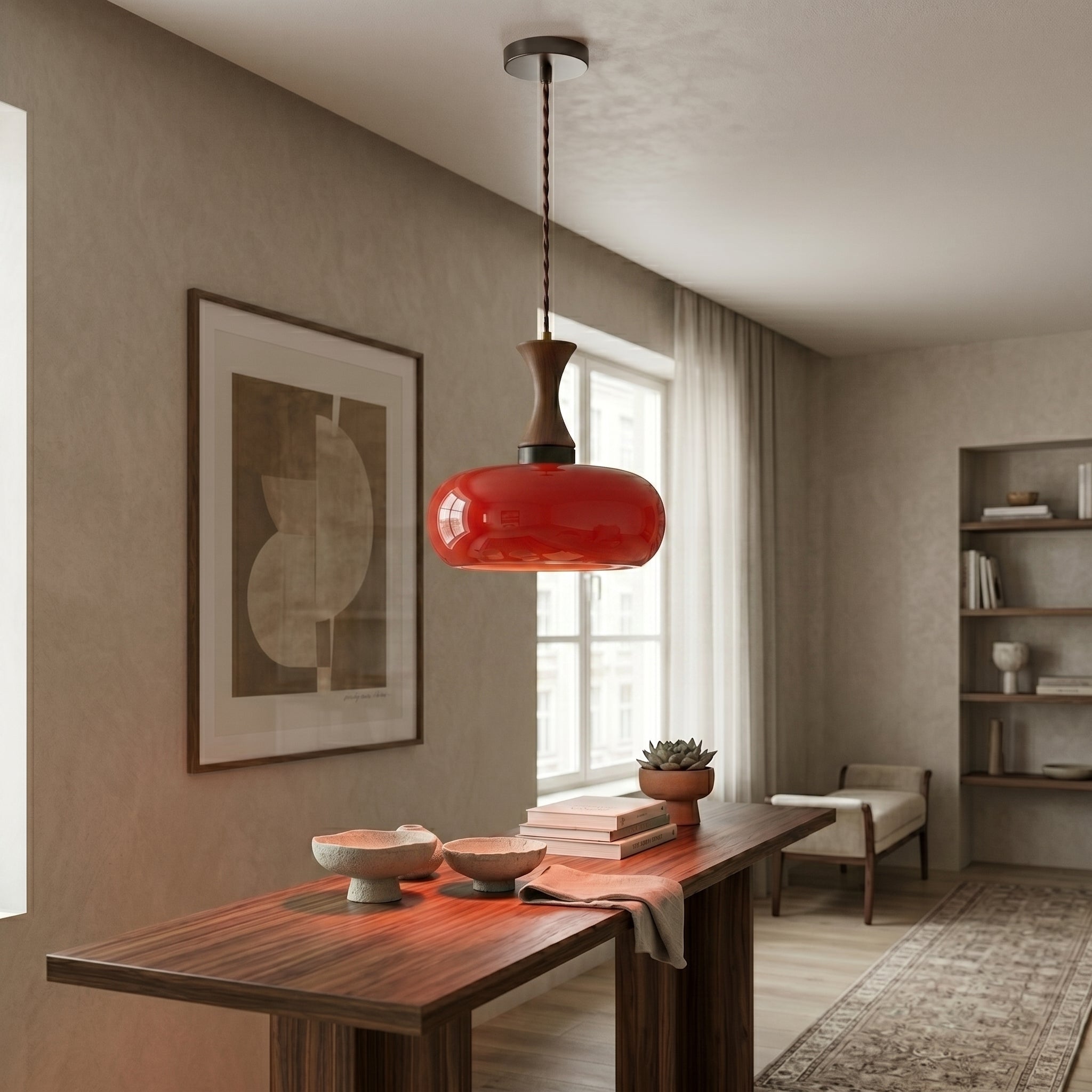 Vintage Elegance | Szklana lampa wisząca z antycznym brązowym kloszem | Regulowana wysokość dla przytulnej atmosfery w kuchni