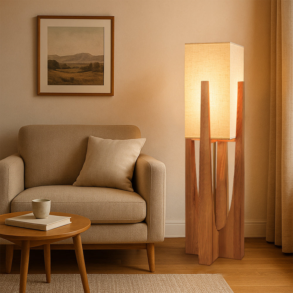 Wabi Sabi | Nowoczesna Lampa Podłogowa z Drewnianą Ramą i Tkaninowym Kloszem