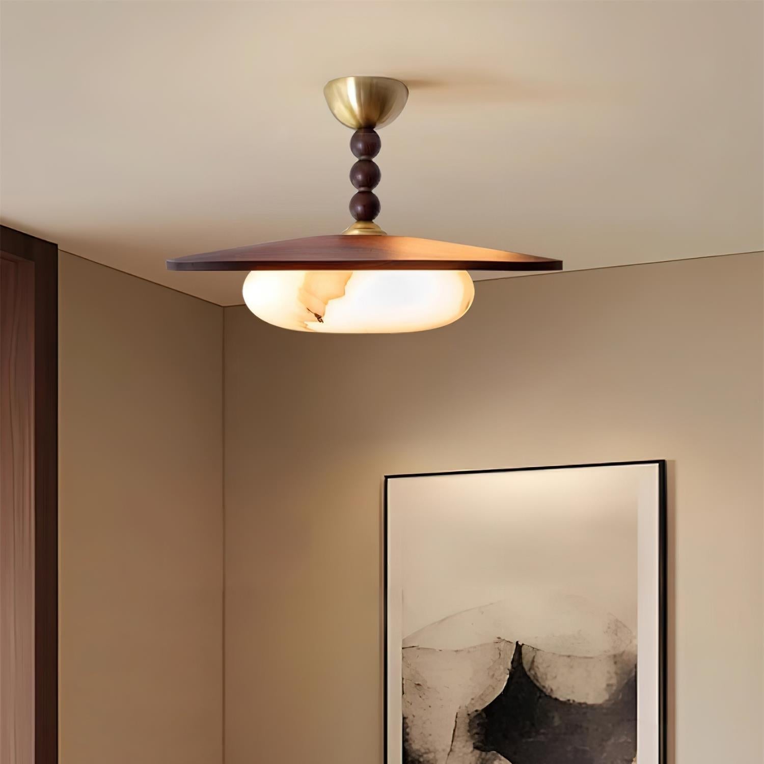 Yeste | Lampa sufitowa z drewna orzechowego i dyfuzorem imitującym alabaster | Eleganckie oświetlenie do jadalni i salonu