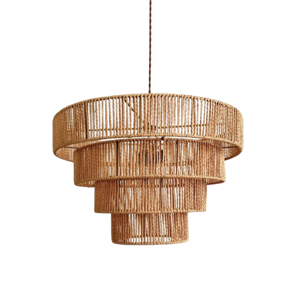 Boho Żyrandol z Naturalnego Rattanu, Piętrowy Bęben lub Kopuła