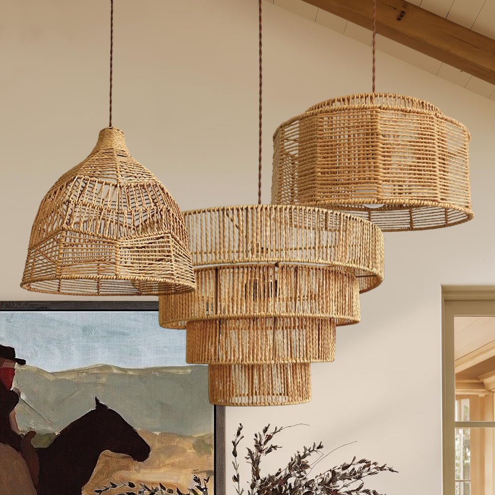 Boho Żyrandol z Naturalnego Rattanu, Piętrowy Bęben lub Kopuła